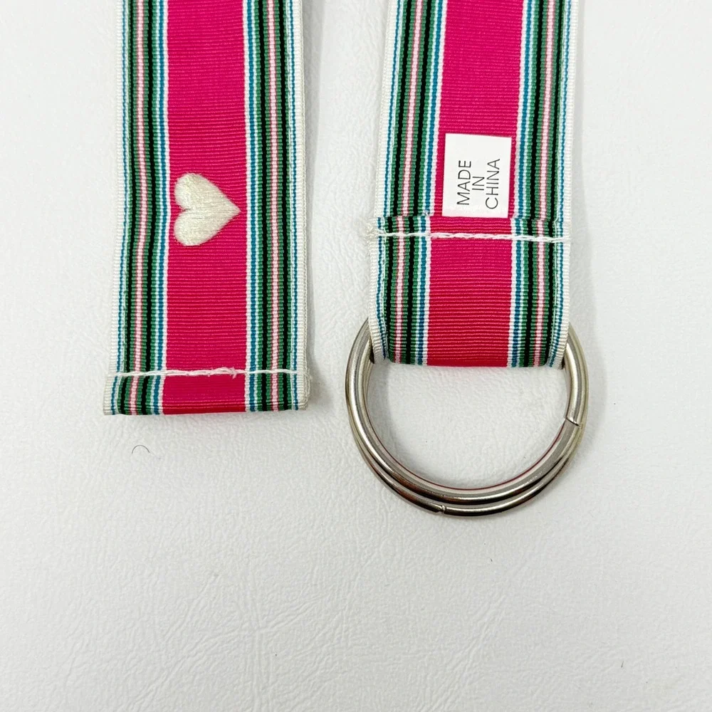 Womens‎ Canvas D-Ring Belt Set 3pc Olive Green Pink Striped Beach Heart 41-44in